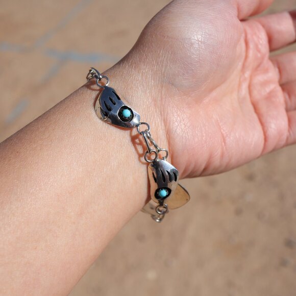 Navajo Sterling Silver Link Bracelet Shadow Box Turquoise Jewelry Sz 8.75in. ** - Picture 4 of 12